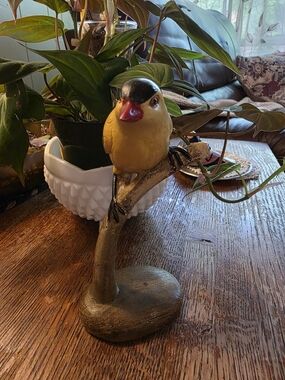 Decorative Yellow Bird Figurine on Branch Stand - Pets Bird